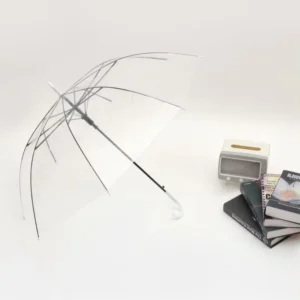 Custom Clear Transparent Modern Design Outdoor Wedding Straight Umbrella Windproof Semi Automatic J Handle Iron Tube