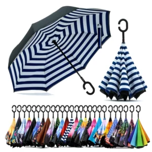 Custom Colorful Double-Layer Windproof C-Shape Handle Inverted Reverse Umbrella with Logo Prints