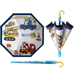 Custom Cute Straight Travel Children’s Umbrella Ice Cream Handle Whistle Waterproof Cartoon Design Alloy Ribs Customizable Logo