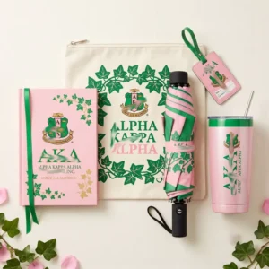 Custom Design Pink Green Greek Letters Sorority Tumbler Cap Umbrella Notebook Pearl Lanyard 5Pcs Gift Set