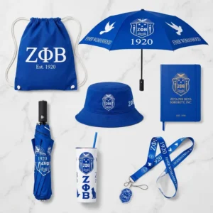 Custom Design Royal Blue White Greek Letters Sisterhood Tumbler Cap Umbrella Notebook Lanyard 5Pcs Gift Set