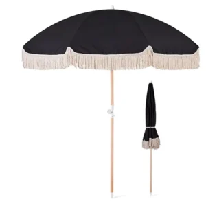 Custom Design Umbrella Beach Umbrella UV Protecting Wooden Steel Aluminium Wood Modern with Tassels Outdoor Oxford for Adults