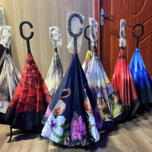 Custom Double Layer Inside-Out C-Shape Handle Reverse Umbrella with Logo Prints