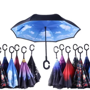 Custom Double-Layer Reverse Folding Car Umbrella with C-Shape Handle