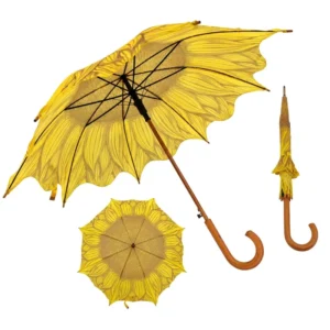 Custom Floral Print Compact Travel Automatic Open Digital Print Floral Wood Shaft Wood Curved Handle Unique Straight Umbrella