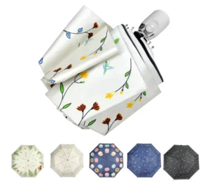 Custom Flower-Printing Compact Three-Fold Fully Automatic Travel Umbrella with UV Protection