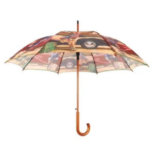 Custom Full-Color Printed Automatic Stick Umbrella with Wooden J-Handle