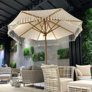 Custom Heavy Duty Large Outdoor Wooden Color Pole Boho White Macrame Bali Beach Umbrella with Tassel Fringe Sun Parasol