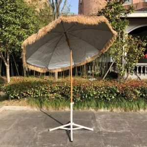 Custom Heavy Duty Modern Foldable Outdoor Beach Umbrella Steel Base Eco-Friendly Straw Simulation