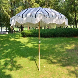 Custom Heavy-Duty Vintage Bohemian Beach Umbrella Sunshade with Tassels, Big Outdoor Furniture