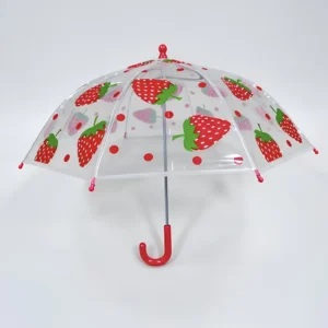 Custom Kids School Outdoor Strawberry Transparent POE Plastic 8K Straight Long Handle Manual Umbrella with Fiberglass Frame, 82CM