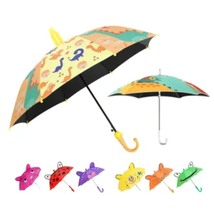 Custom Kids UV J-Handle Straight Rain Umbrella with Cartoon Design Polyester Material