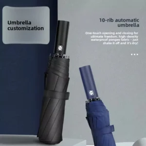 Custom Logo 10-Rib Fully Automatic Folding Umbrella 105cm Extra Large Windproof Classic Black Coating UV Protection