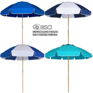 Custom Logo 6ft 7ft 8ft Heavy Duty Wood Pole Outdoor Umbrella Premium Polyester Summer Travel Sun Shade Garden Beach Wind