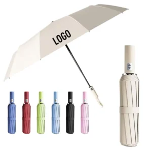 Custom Logo Automatic 12 Ribs Folding Umbrella Windproof UV Protection Business Three Fold Portable Sunny
