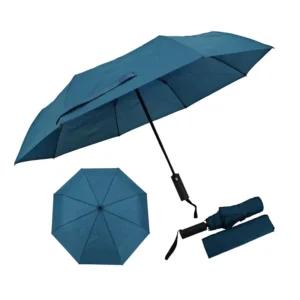 Custom Logo Automatic 3-Folding Business Umbrella Windproof Durable Teal Blue with Canopy and Carry Belt