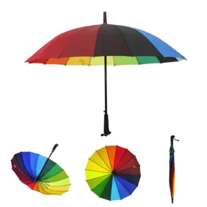 Custom Logo Black Metal Shaft 16-Rib Straight Umbrella Rainbow Color