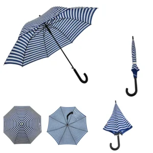 Custom Logo Blue White Stripe 8-Rib Semi-Automatic Double-Canopy Vented Straight Umbrella Hook Handle Corporate Gift
