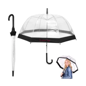 Custom Logo Clear Bubble Umbrella for Adults and Girls, Long Stick See-Through Dome with Black Trim