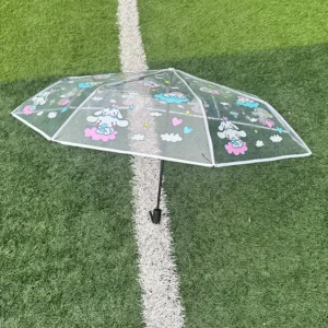 Custom Logo Colorful Clear Polyester Manual Three folding Straight Umbrella Kids Parasol Business Gifts Promotion Cartoon Design