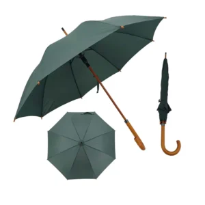 Custom Logo Dark Green Stick Umbrella Windproof Straight Manual Rain Parasol with Wooden J Handle for Promotional Gift