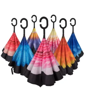 Custom Logo Double-Fabric Windproof Reverse Umbrella with C-Shape Handle