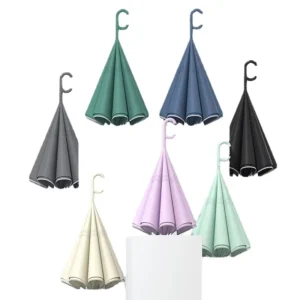 Custom Logo Double Layer C-Shaped Handle Reverse Umbrella with Reflective Strips