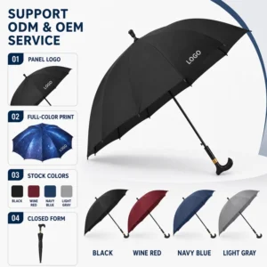 Custom Logo Elderly Cane Umbrella Long Handle Automatic 23 Inch 16 Ribs Steel Black-Coated UV Protection