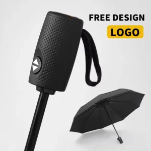 Custom Logo Folding Umbrella Fully Automatic Waterproof Travel Umbrella Fiberglass Ribs Rubber Handle