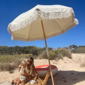 Custom Logo Heavy-Duty Large Outdoor Wooden Pole Boho White Macrame Bali Beach Umbrella, Tassel Fringe, Sun Parasol