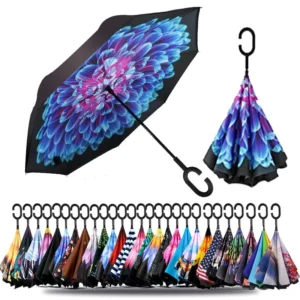 Custom Logo Inverted Reverse Umbrella with C-Shaped Handle, Anti-UV, Waterproof, Windproof