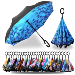 Custom Logo Inverted Umbrella with C-Shaped Handle, Anti-UV Waterproof Windproof