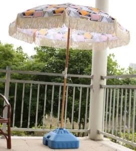 Custom Logo Large Outdoor Portable UV50+ 8′ White Cotton Fringe Canopy Parasol Boho Wood Tassels Beach Umbrella with Sand Anchor