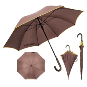 Custom Logo Leather Handle Straight Rain Umbrella Windproof Contrast Piping PFAS Free REACH Compliant Factory