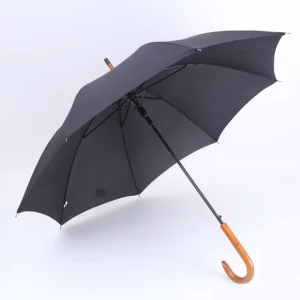 Custom Logo Long Wooden Handle Windproof Straight Black Rain Umbrella