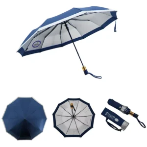 Custom Logo Navy 10K Windproof Folding Umbrella with Silver Coating, UV Protection, and Double-Layer Fabric