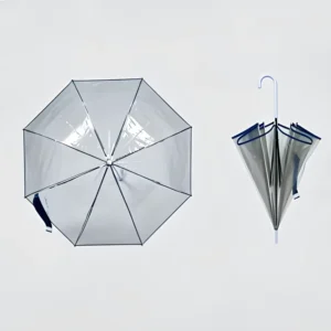 Custom Logo OEM Minimalist Gray Transparent POE Plastic Straight Umbrella with Edge Binding, Automatic Opening, 8 Ribs