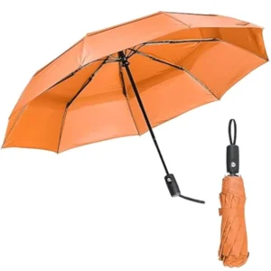 Custom Logo Orange Windproof UV Automatic Open Umbrella Double Layer Vented Design