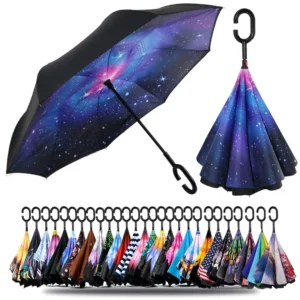 Custom Logo Pattern Inverted Umbrella with C-Shaped Handle, Anti-UV, Waterproof, Windproof