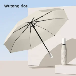 Custom Logo Portable Full-Automatic 8 Ribs Windproof Fiberglass Frame Water Repellent Pongee Fabric Three-Folding Umbrella