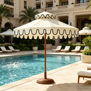 Custom Logo Printed 9ft Scalloped Valance Foldable Waterproof Patio Umbrella Steel Frame Outdoor Sunshade Parasol