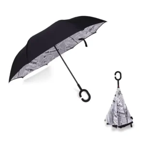 Custom Logo Printed Double Fabric Windproof C shape Handle Upside Down Inverted Reverse Rain Umbrella