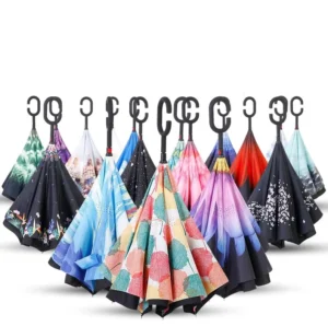 Custom Logo Printed Double Fabric Windproof Umbrella C-Shape Handle Upside Down Inverted Reverse Rain Umbrella