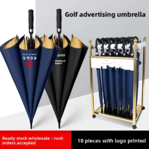 Custom Logo Printed Golf Umbrella Long Handle Straight Manual Black Coating UV Protection Business Promotional Gift