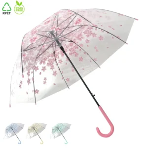 Custom Logo Printed Sakura Bubble Dome Pink Automatic Transparent Umbrella for Adults