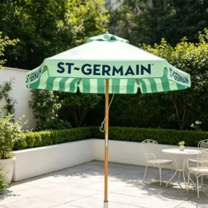 Custom Logo Printed Wood Frame Lightweight Eco-Friendly Recycled Polyester Waterproof Anti-UV Foldable Modern Outdoor Garden Umbrella