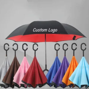 Custom Logo Printing C-Handle Inverted Reverse Umbrella, Red and Black, Double Layer