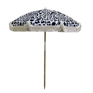 Custom Logo Printing Center Pole Wood Beach Umbrella with UV 50 Protection, Fringe, and Tassels