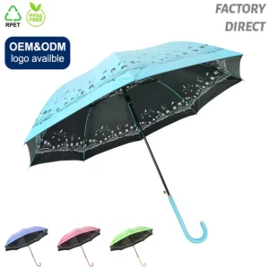 Custom Logo Printing J Hook Handle Windproof Long Straight Stick Umbrella for Women