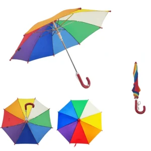 Custom Logo Rainbow Print Kids Umbrella Colorful Safety Straight Umbrella with J Hook for Children’s Party and School Gift